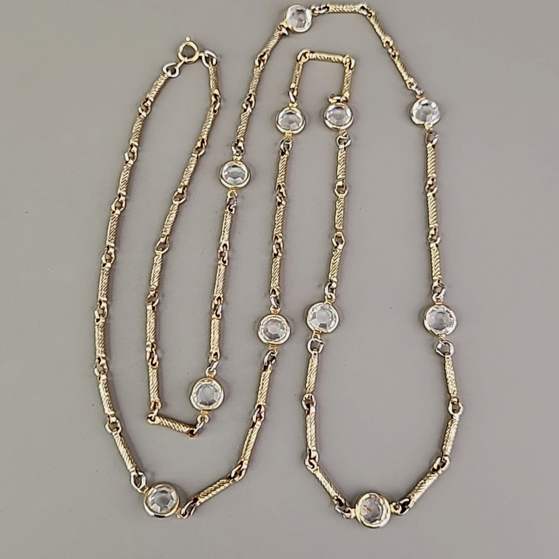 Vintage Open Bezel Necklace Clear Glass Bar Link Gold Tone Spiral 36″