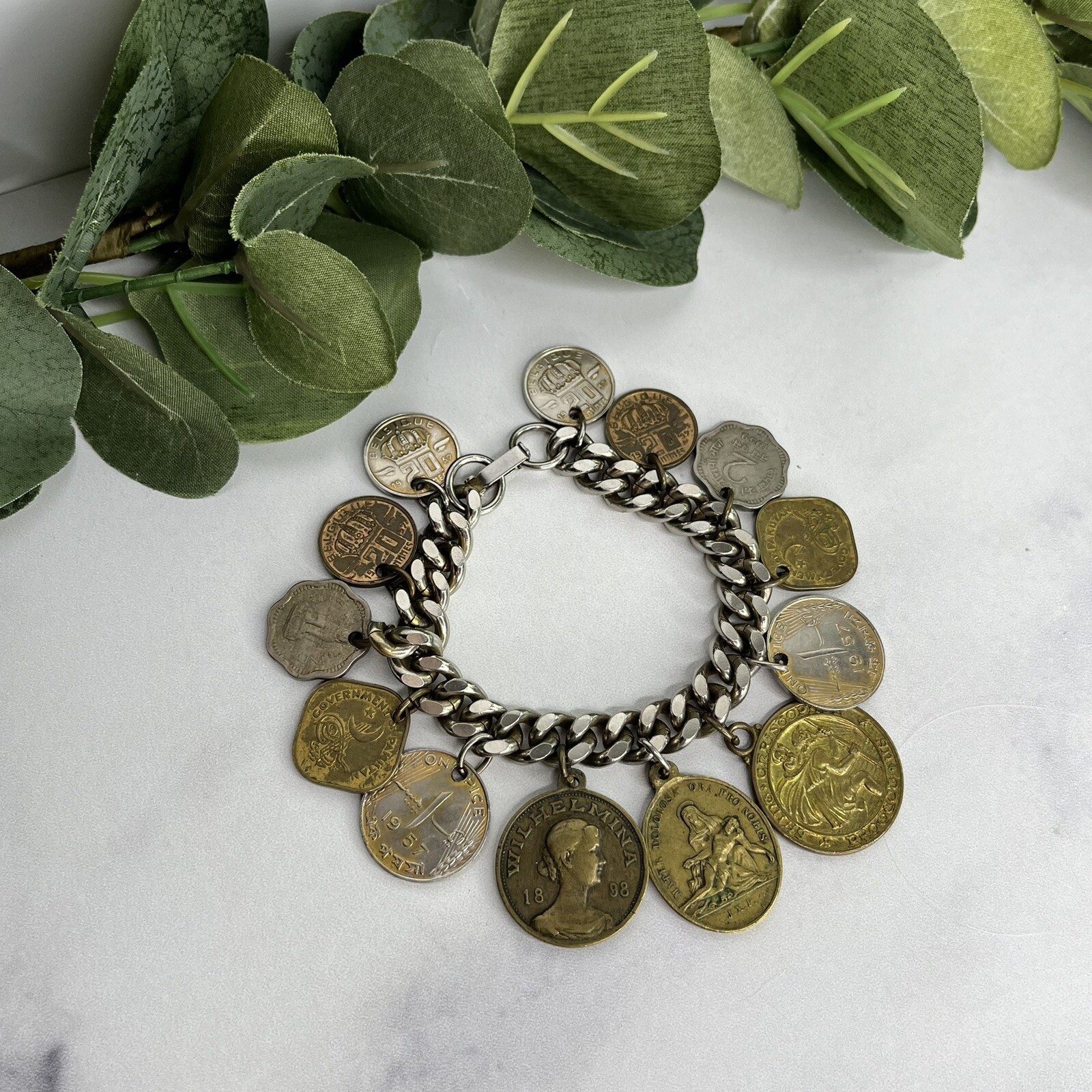 Vintage 13 Coin Charm Bracelet Belgium, India, Pakistan 1957 1959 1955 7”