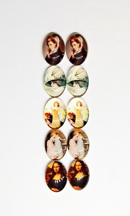 10 of 25x18mm Glass Victorian Art Deco Women Cameos, 5 Different Scenes, Nice