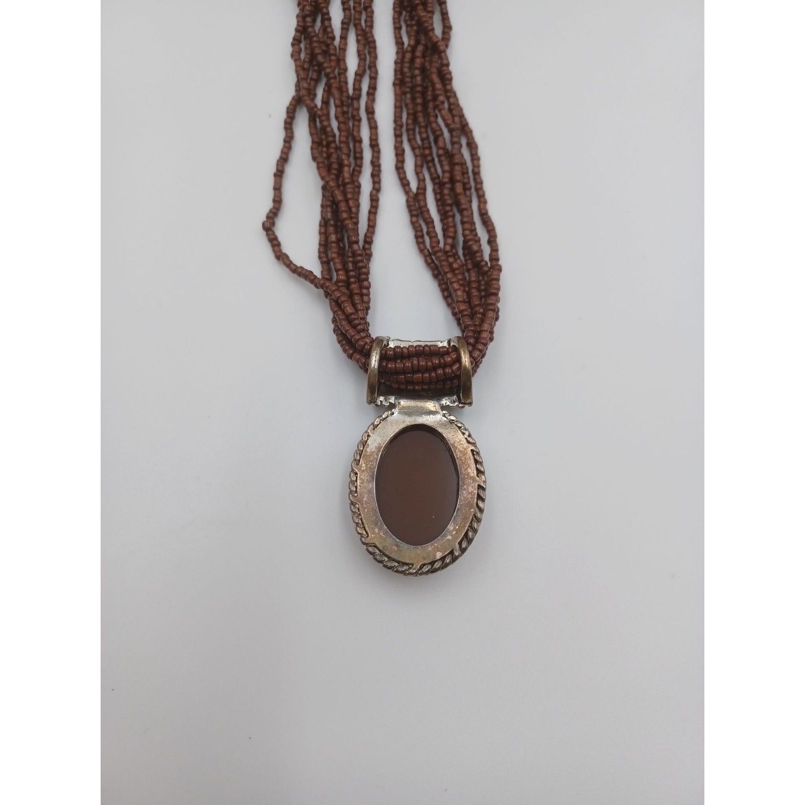 Vtg Multi Strand Brown Seed Bead Collar Necklace Oval Pendant Silver Tone Frame