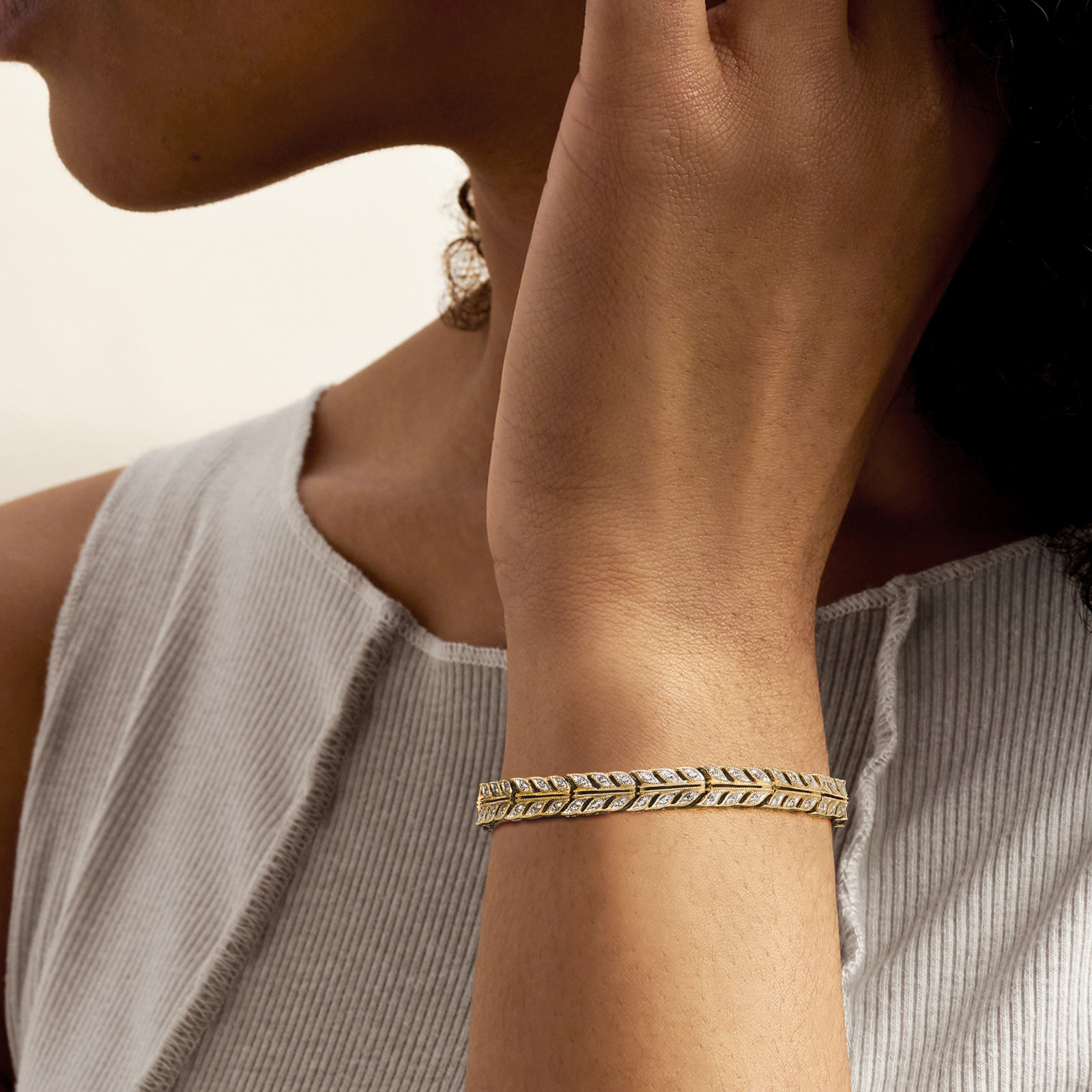 Vintage .50 ct. t.w. Diamond Leaf Bracelet in 14kt Yellow Gold. 6.75 inches