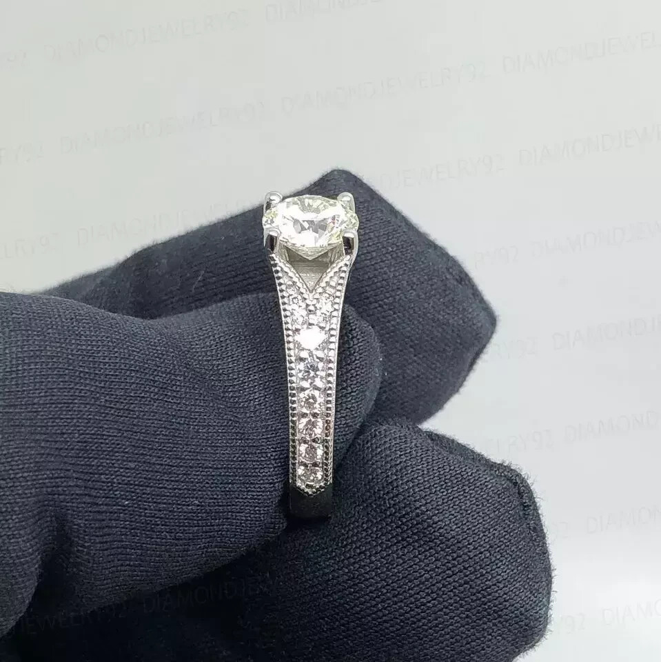 Art Deco Vintage Round Cut Lab Created Diamond 14K White Gold FN Engagement Ring