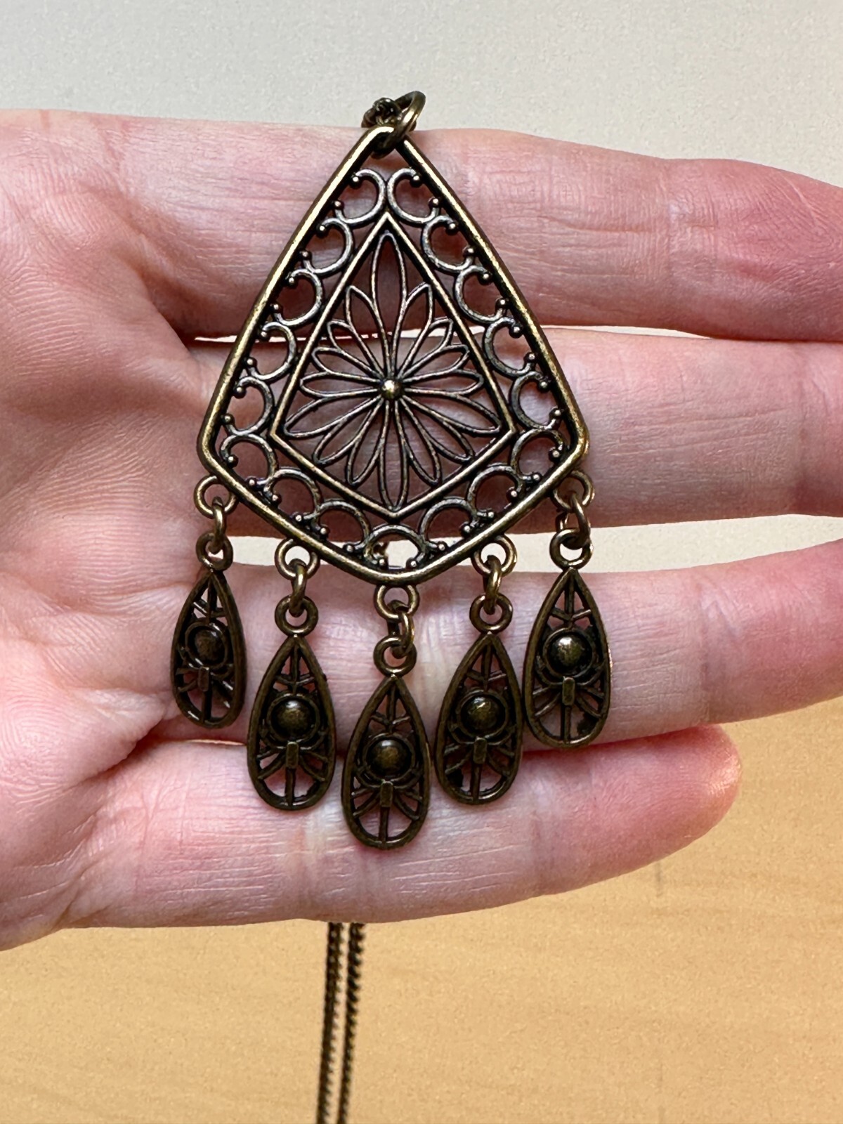 Vintage Bronze Color BOHO Tribal Dangle Pendant Necklace 14 inches