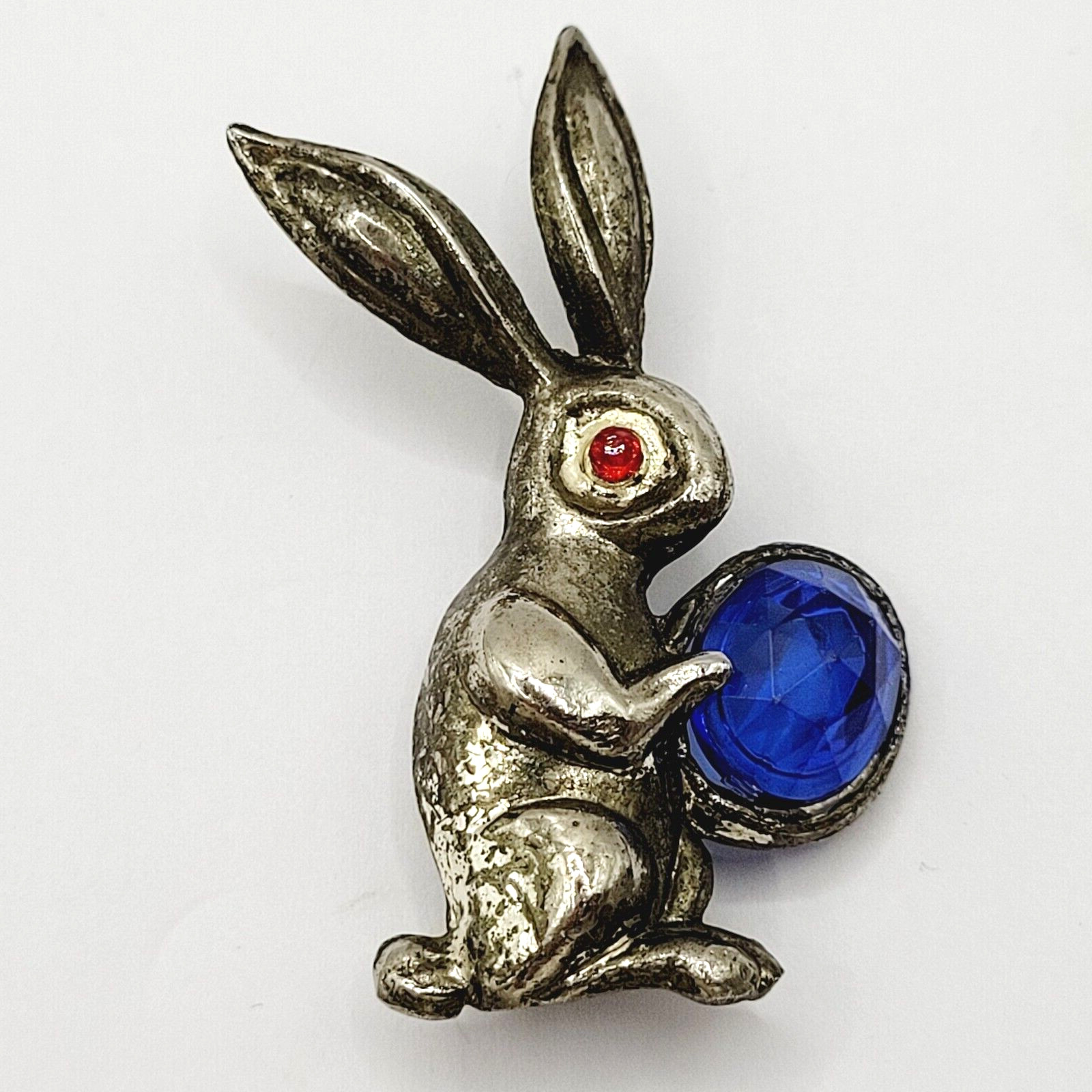 Rabbit Bunny Holding Blue Faceted Egg Silver Tone Vintage Brooch Pin Distressed