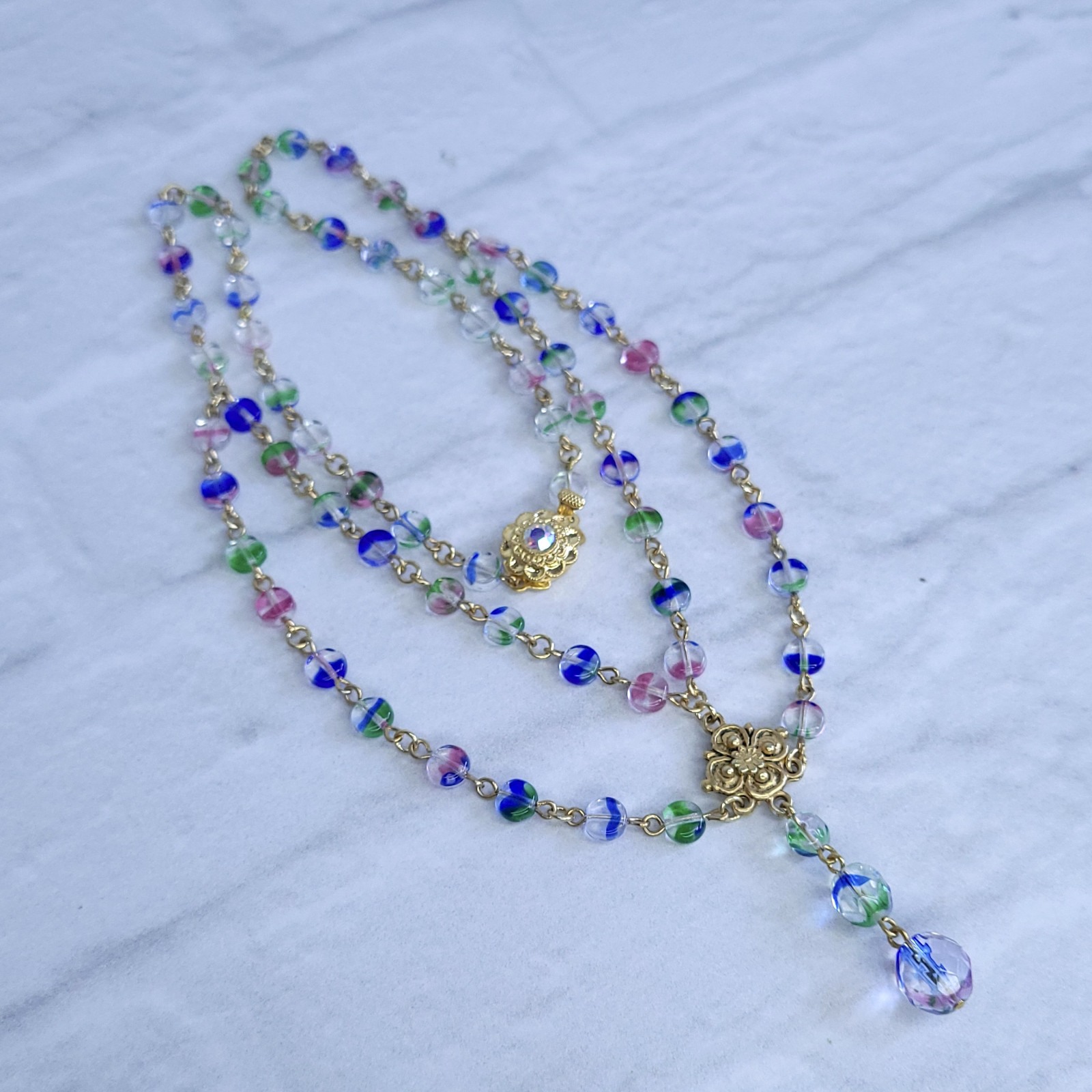 Iris Glass Necklace 18” Multicolor Czech Vintage Beads Women`s Jewelry
