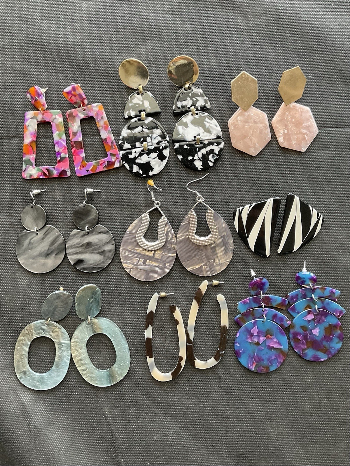 Lot Of 9 Pairs Vintage Acrylic Plastic & Resin Earrings Assorted Colorful Fun
