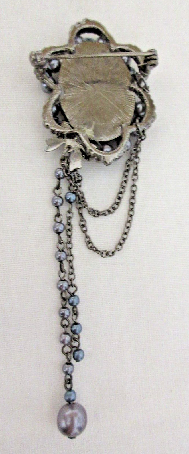 Vintage Dark Metal Black Faceted Glass, Grey Faux Pearl & Rhinestone Brooch
