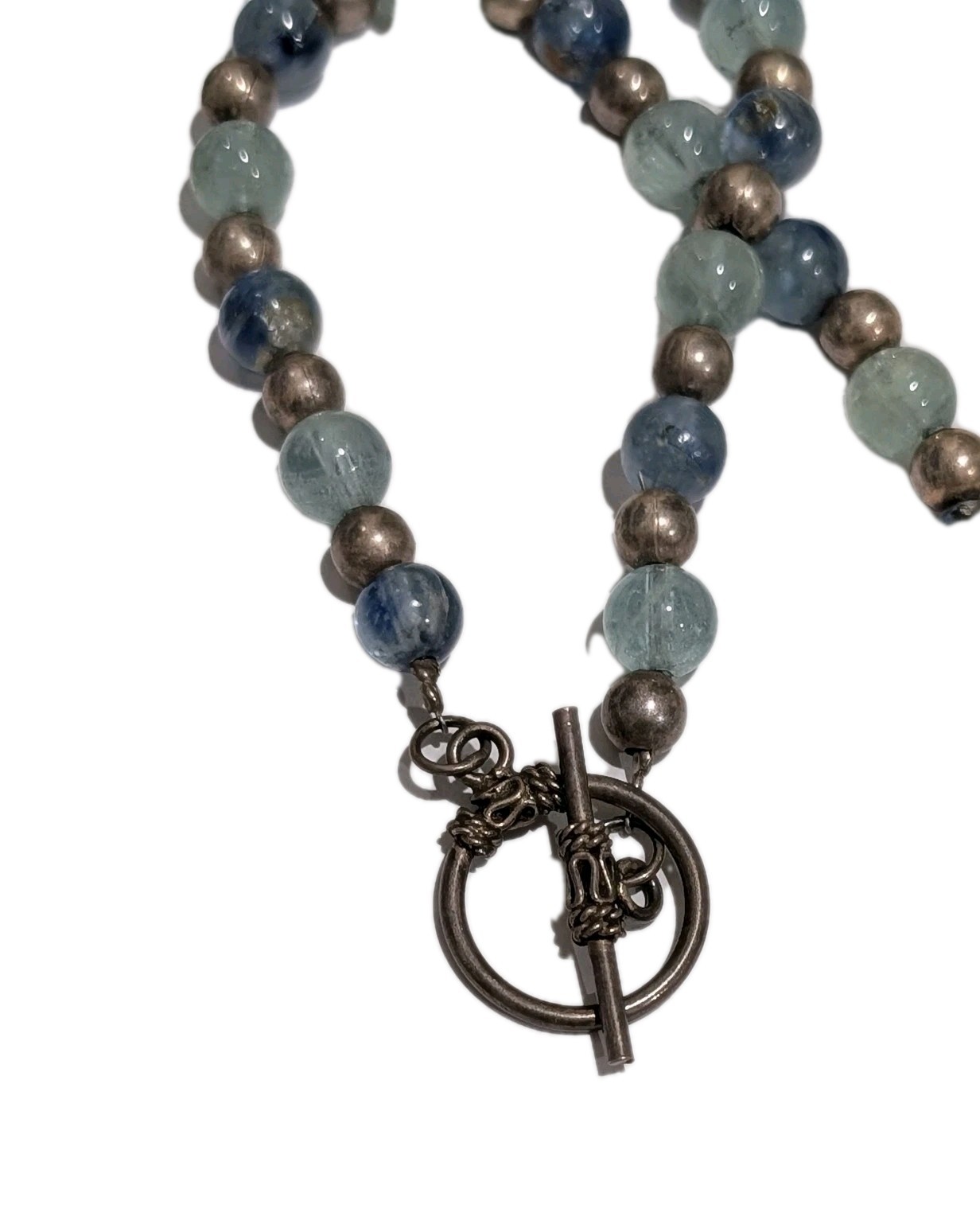 VTG Sterling Silver 6mm Ball Bead 8mm Blue Green Natural Flourite 25″ Necklace