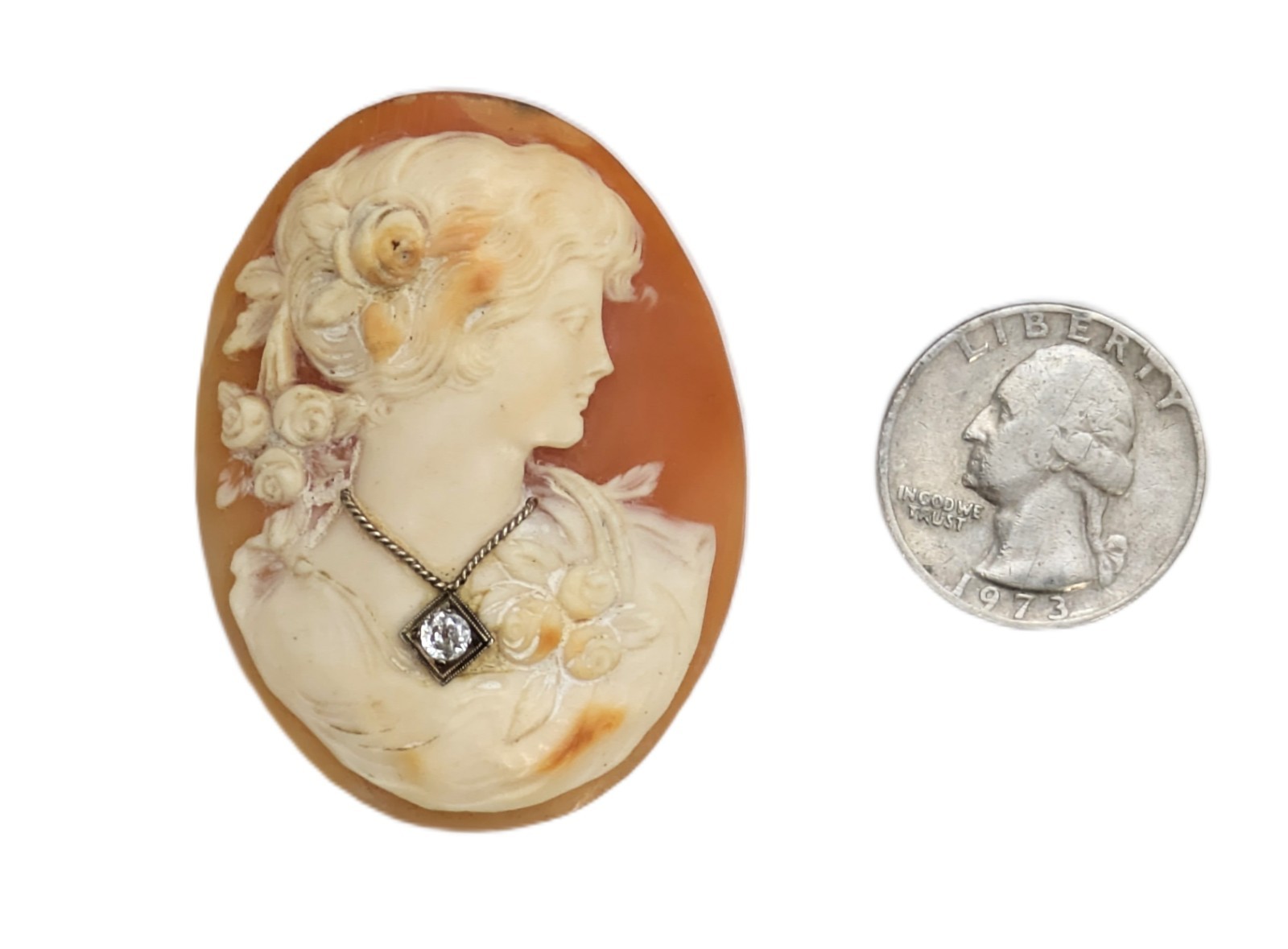 Vintage Large Carved Shell Cameo w/Diamond Necklace, 2-1/8”long X 1-5/8” Wide