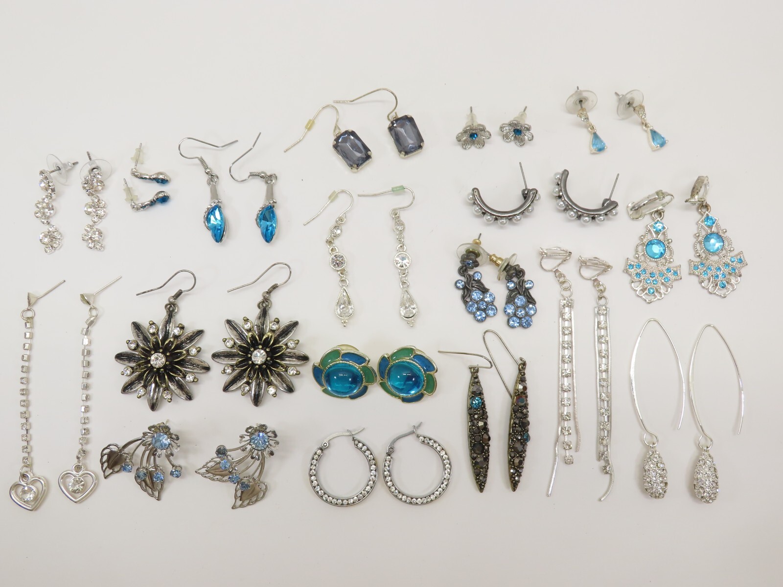 VTG Dangle Earrings Lot Pierced 1 Clip Silver Tone Blue Clear Rhinestones D2115