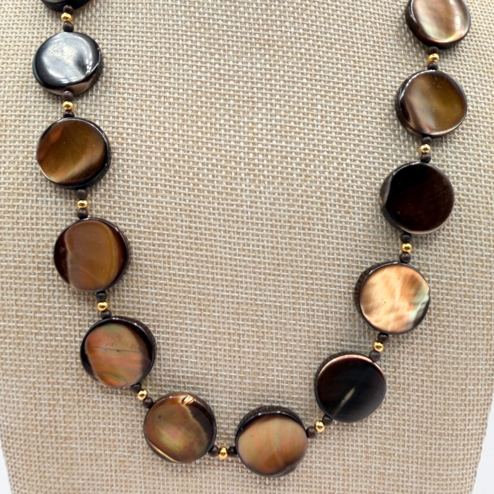 Vintage Golden Brown Shell Disc Necklace MOP Retro Boho 90s Chunky Statement