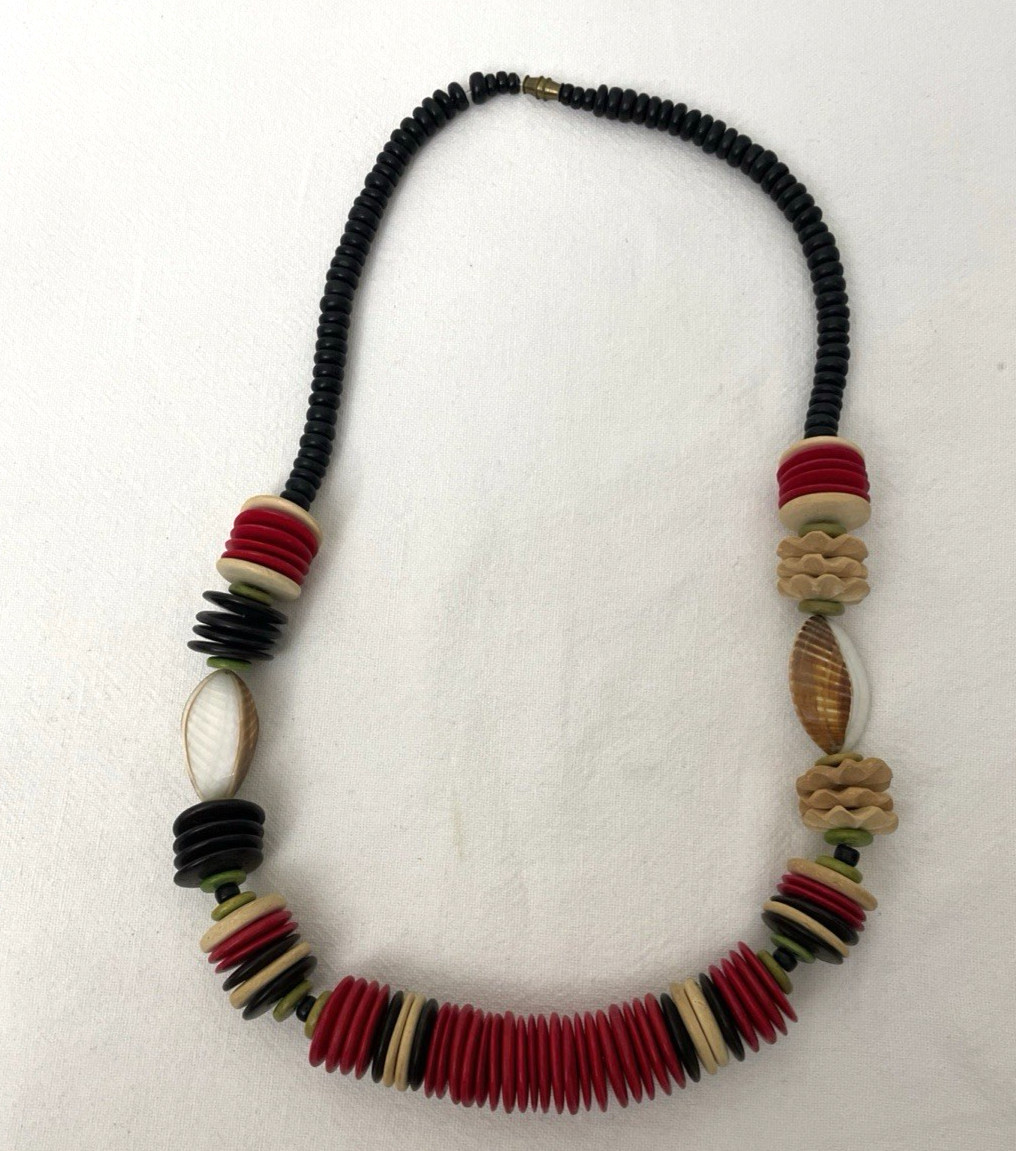 Bead & Shell Necklace African Tribal Style Statement 24″ Artsy Boho Eclectic