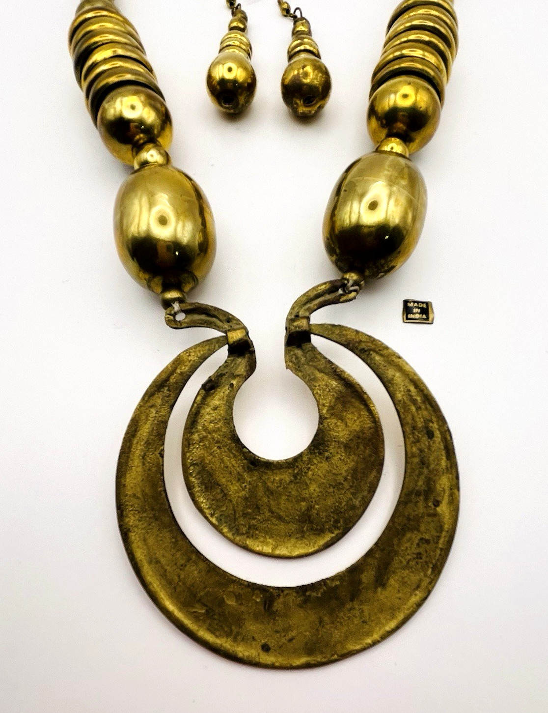 Vintage Artisan Statement Brass Made in India Necklace and Earrings