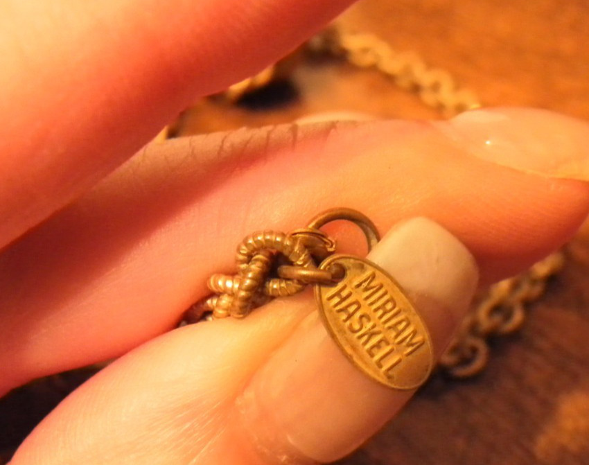 Vintage Miriam Haskell Necklace Gold Tone Chain with Tiger Eye Pendent 24″ Long