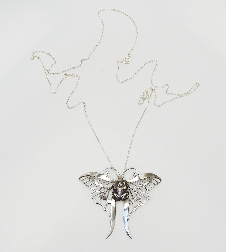 Unusual vintage frog riding a moth sterling silver pendant necklace