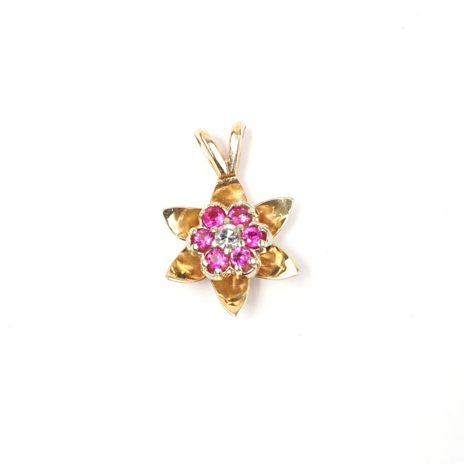 14K Solid Yellow White Gold Ruby Diamond Flower Pendant Necklace, Lab Ruby
