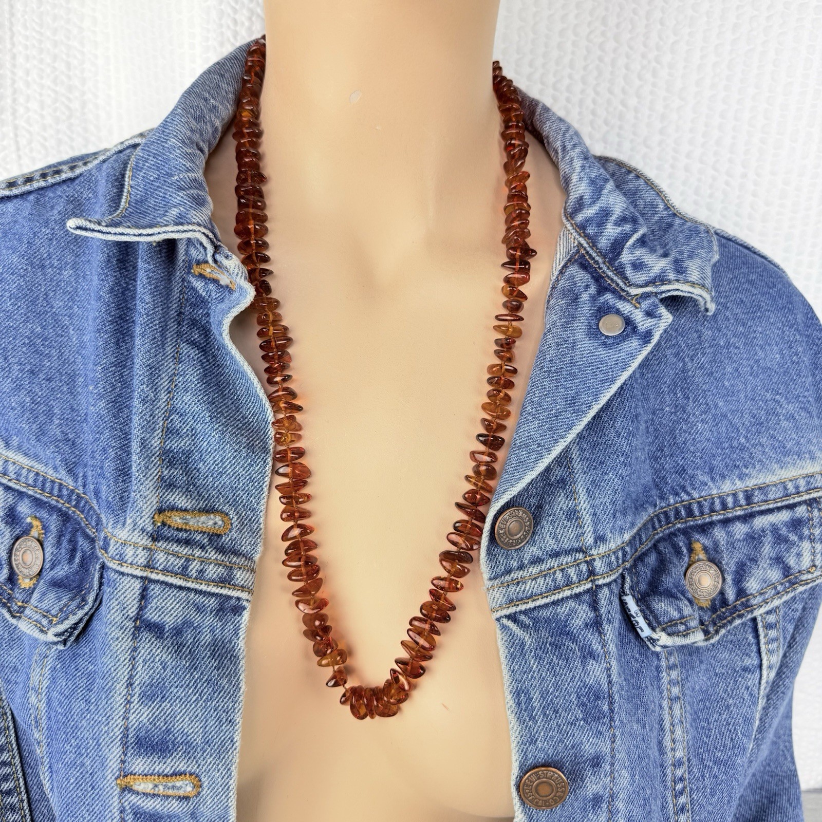 Vintage Genuine Baltic Amber Honey Cognac Hand Knotted Beaded Necklace 27”