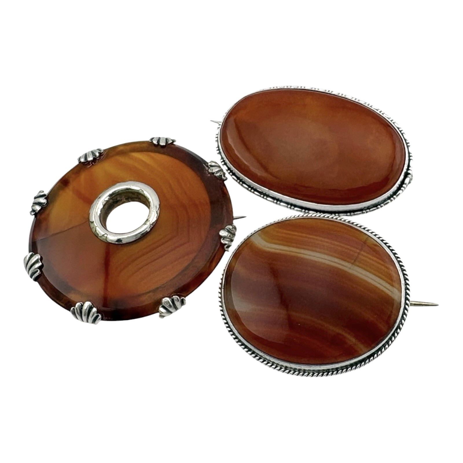 Antique Scottish Agate Brooch Lot of 3 Sterling Silver Mounted Pebble Brooches