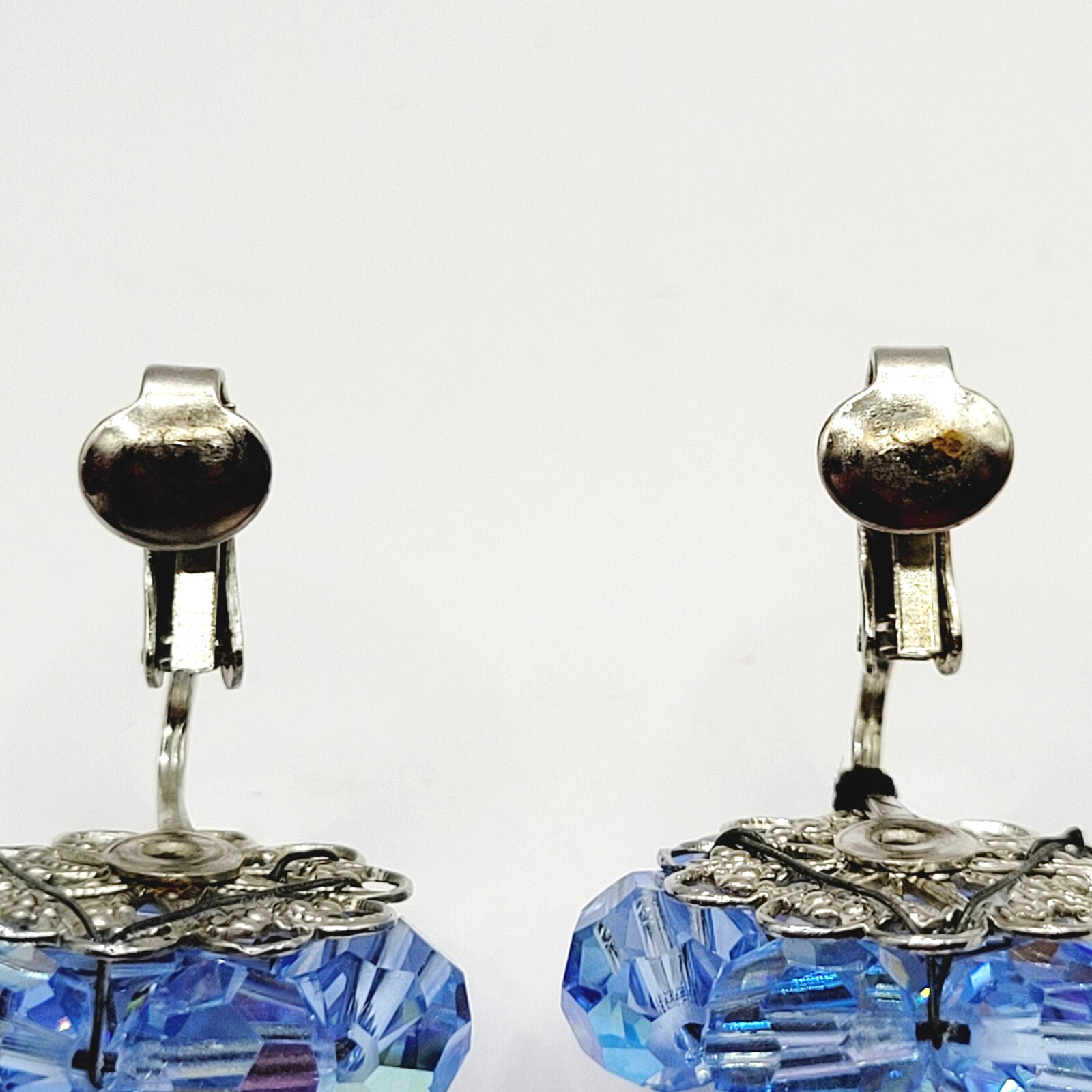 Light Blue Faceted Crystal Bead Cluster Sparkling Fancy Vintage Clip On Earrings