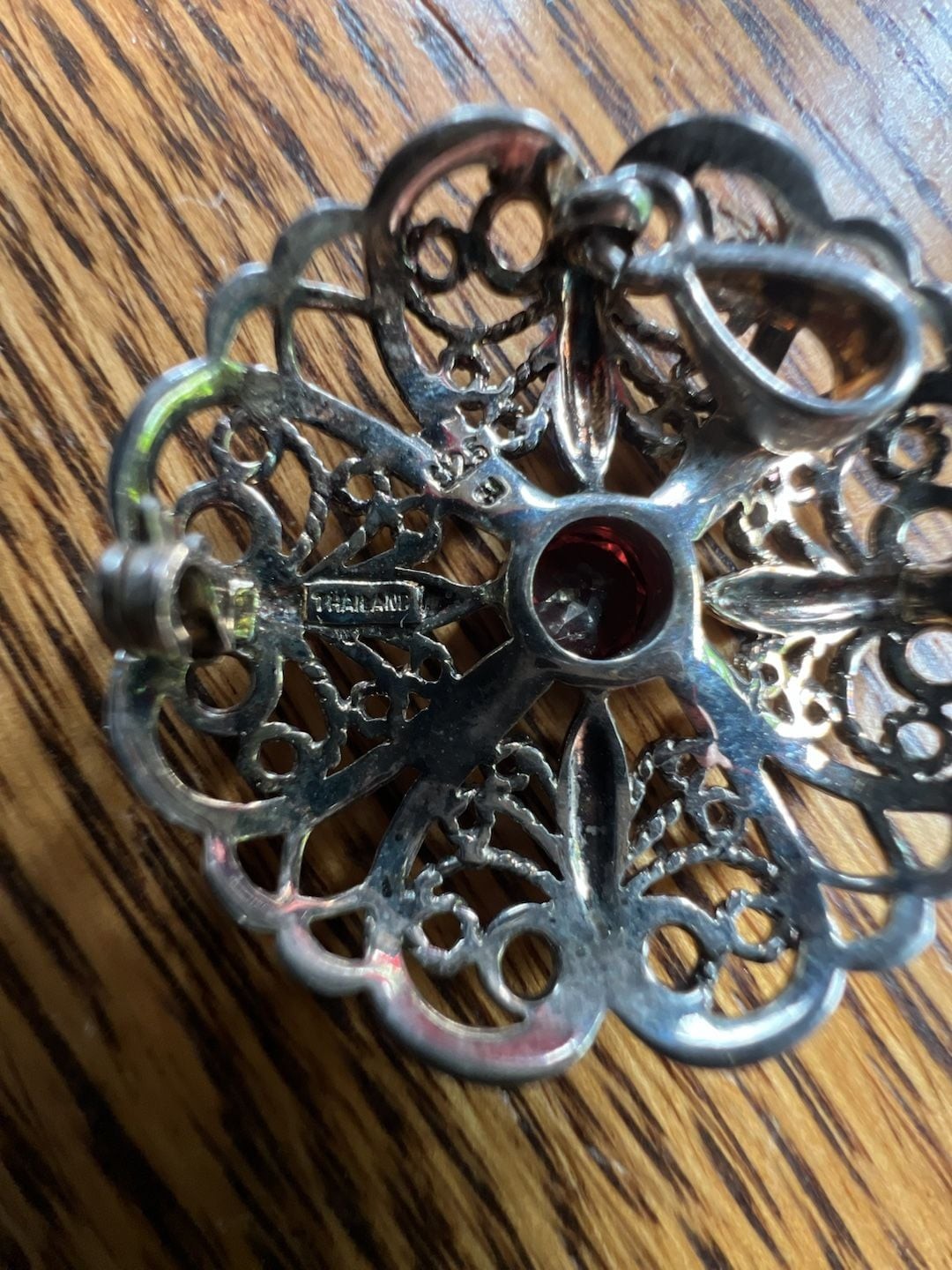 Vintage Filigree Floral Sterling Silver Red Stone Brooch Pendant