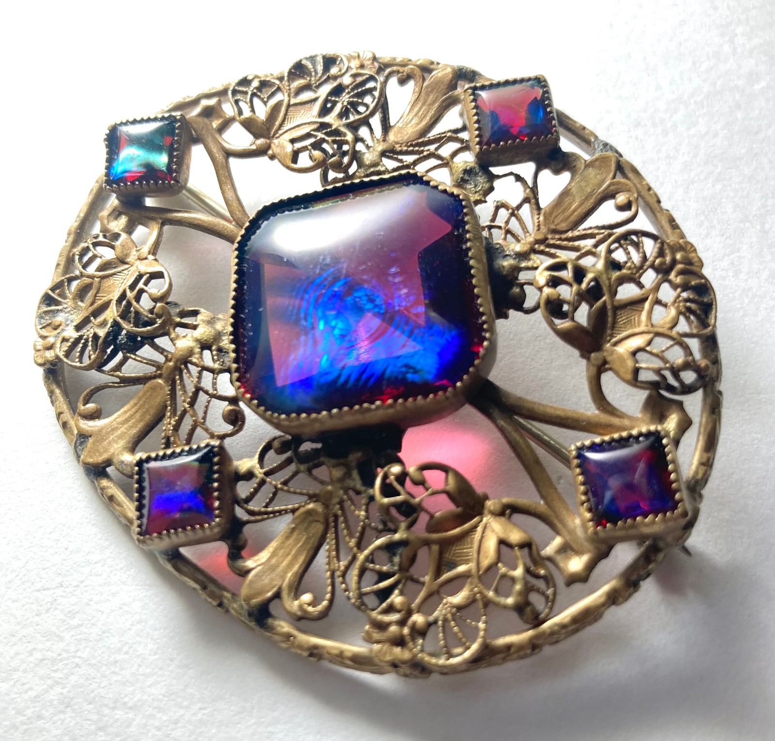 Large Antique Czech Art Deco Red Blue Dragons Breath Art Glass Brass Brooch Pin