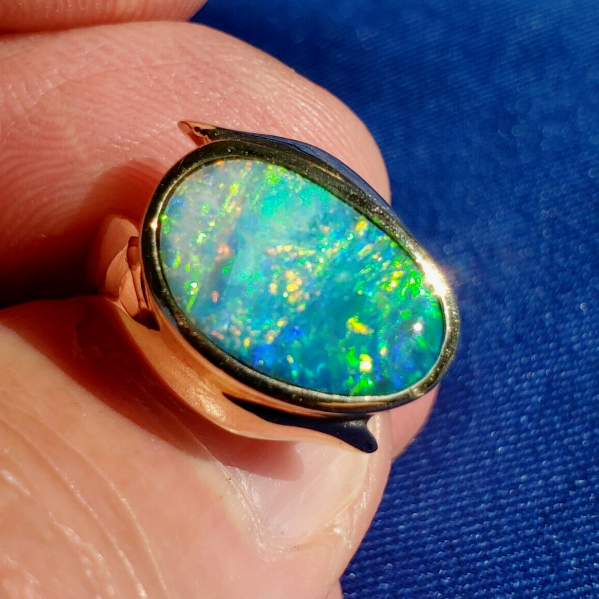 Original EARTH MINED Black OPAL Deco Ring Designer Hand made SOLID 14K GOLD 6.25