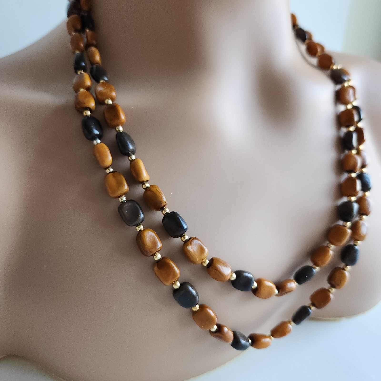 Long Beaded Necklace 50” Layered Wrap Brown Black Nugget Beads Boho