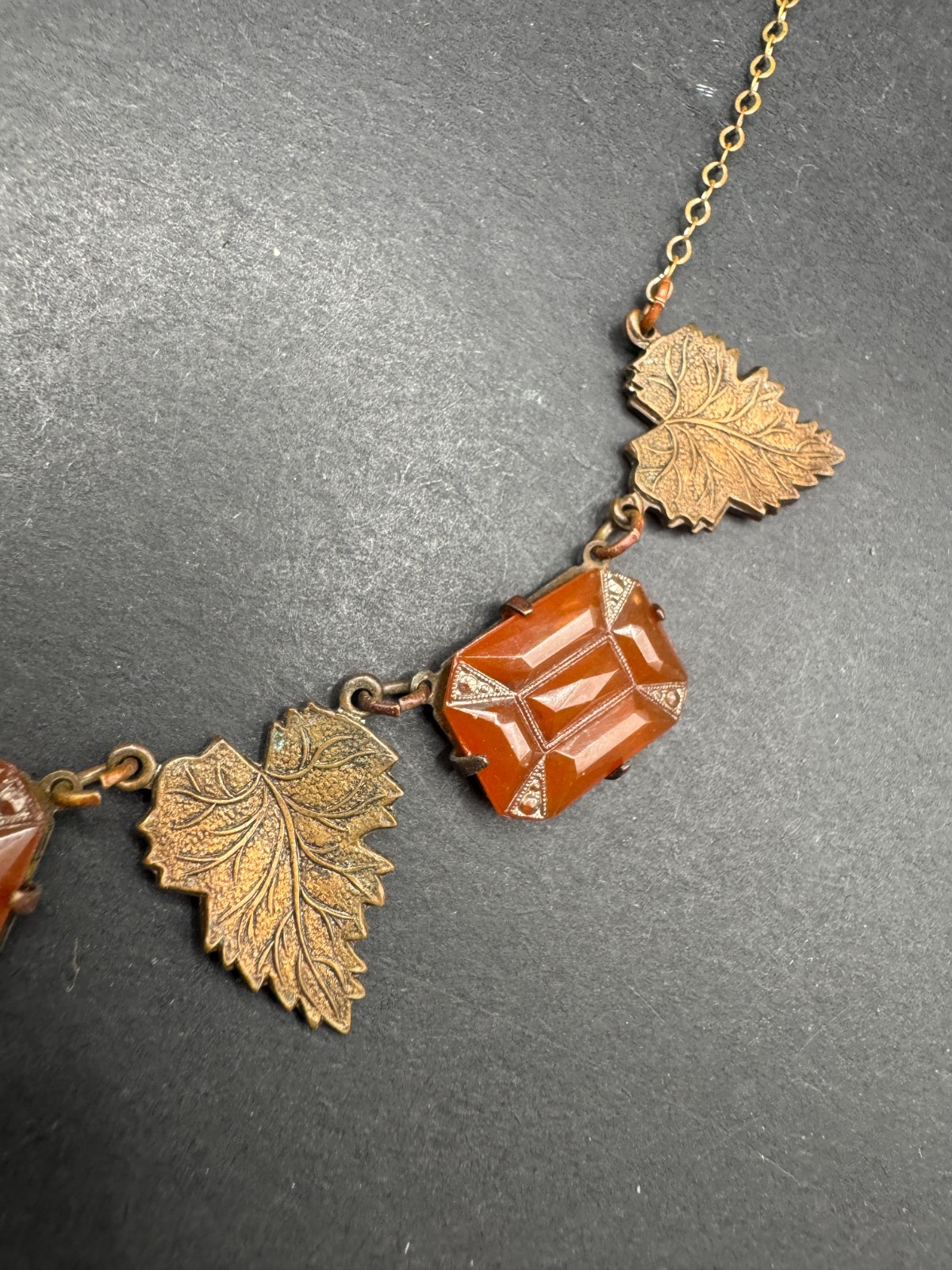 Art Deco Carnelian Glass & Leaf Necklace Brass
