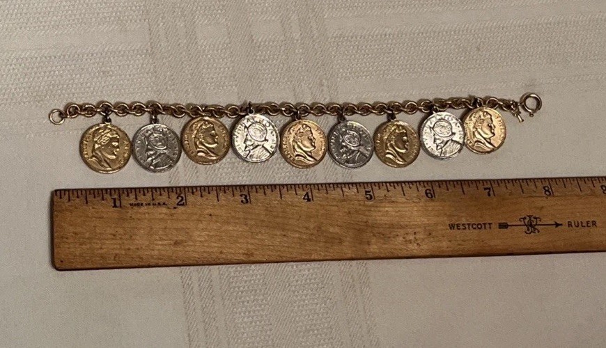 Vintage 1950s Coin Charm Bracelet Napoleon Coins Vasco Nunez de Balboa Coins 8″