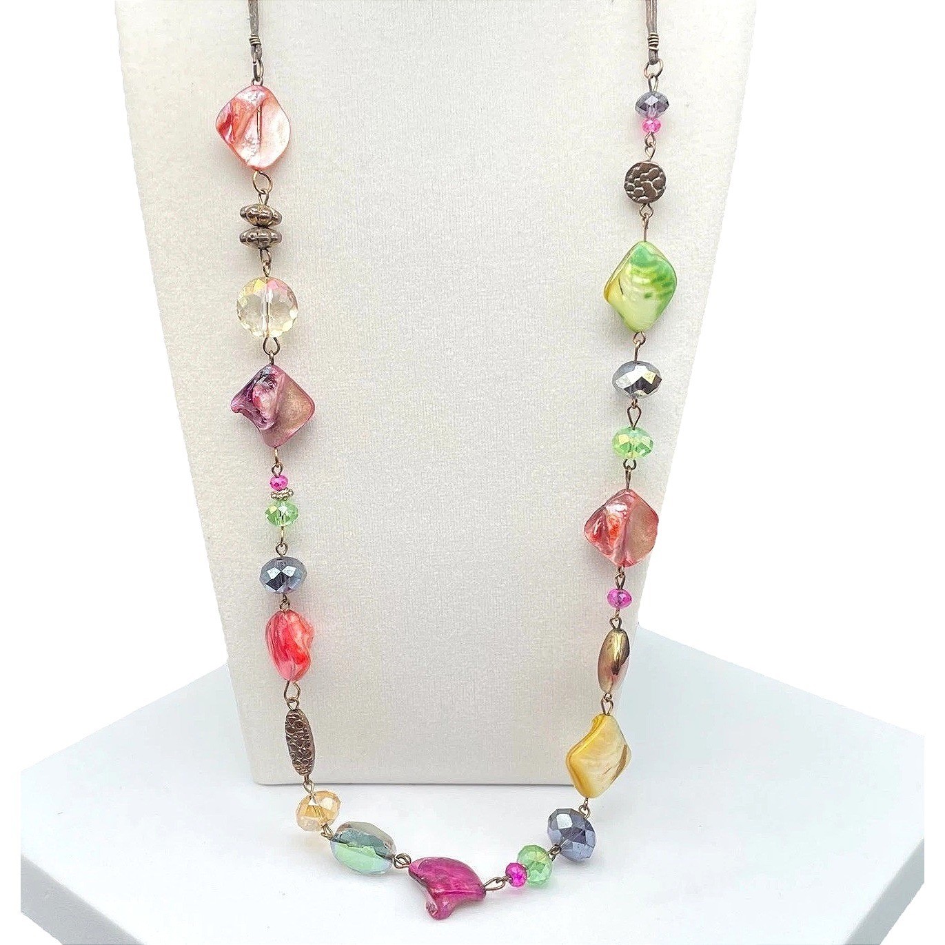 Vintage Bohemian Charm Single Chain Necklace Lobster Clasp Shell Crystal Bead