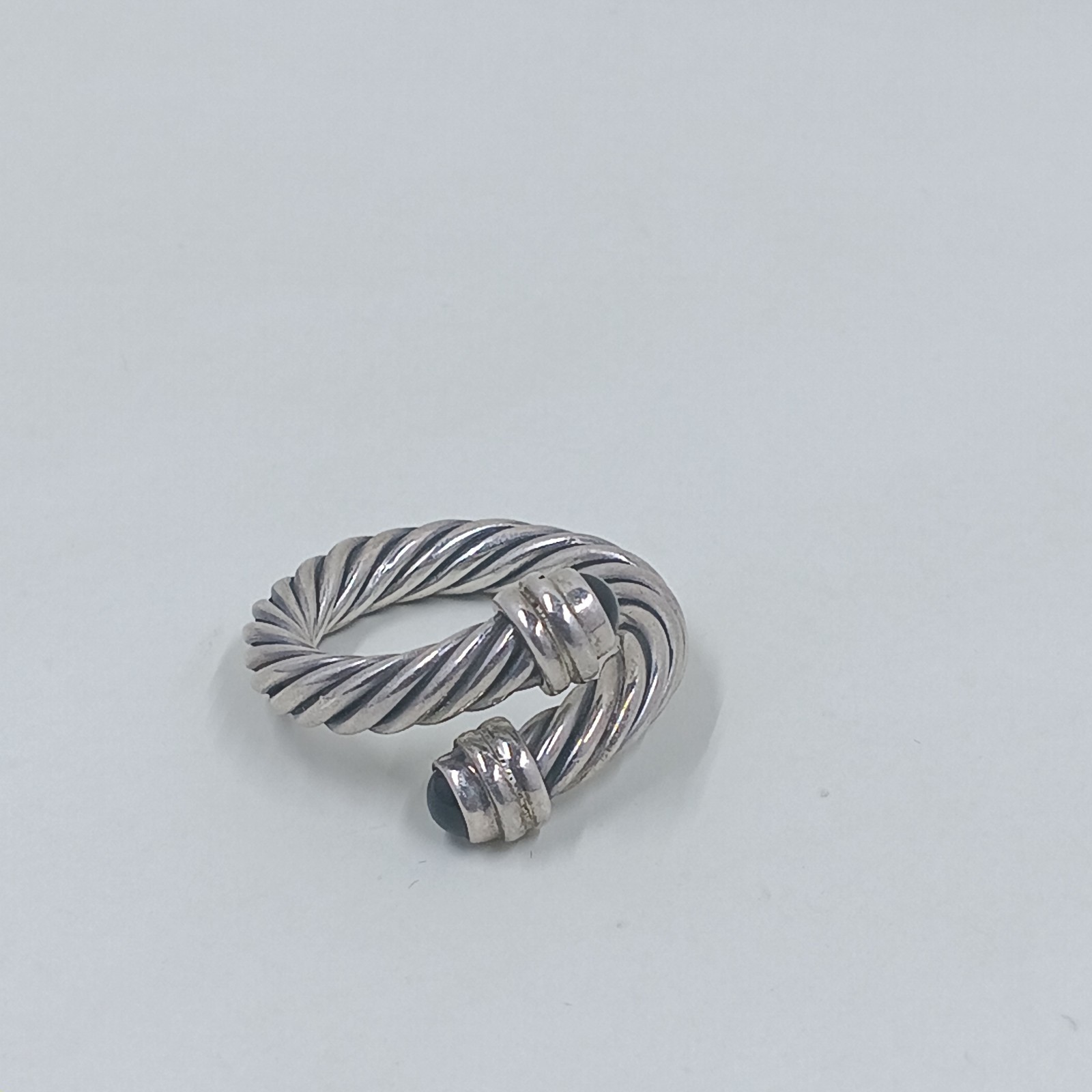 Vtg Sterling Silver Twisted Cable Wrap Ring Black Onyx Style Open Bypass…