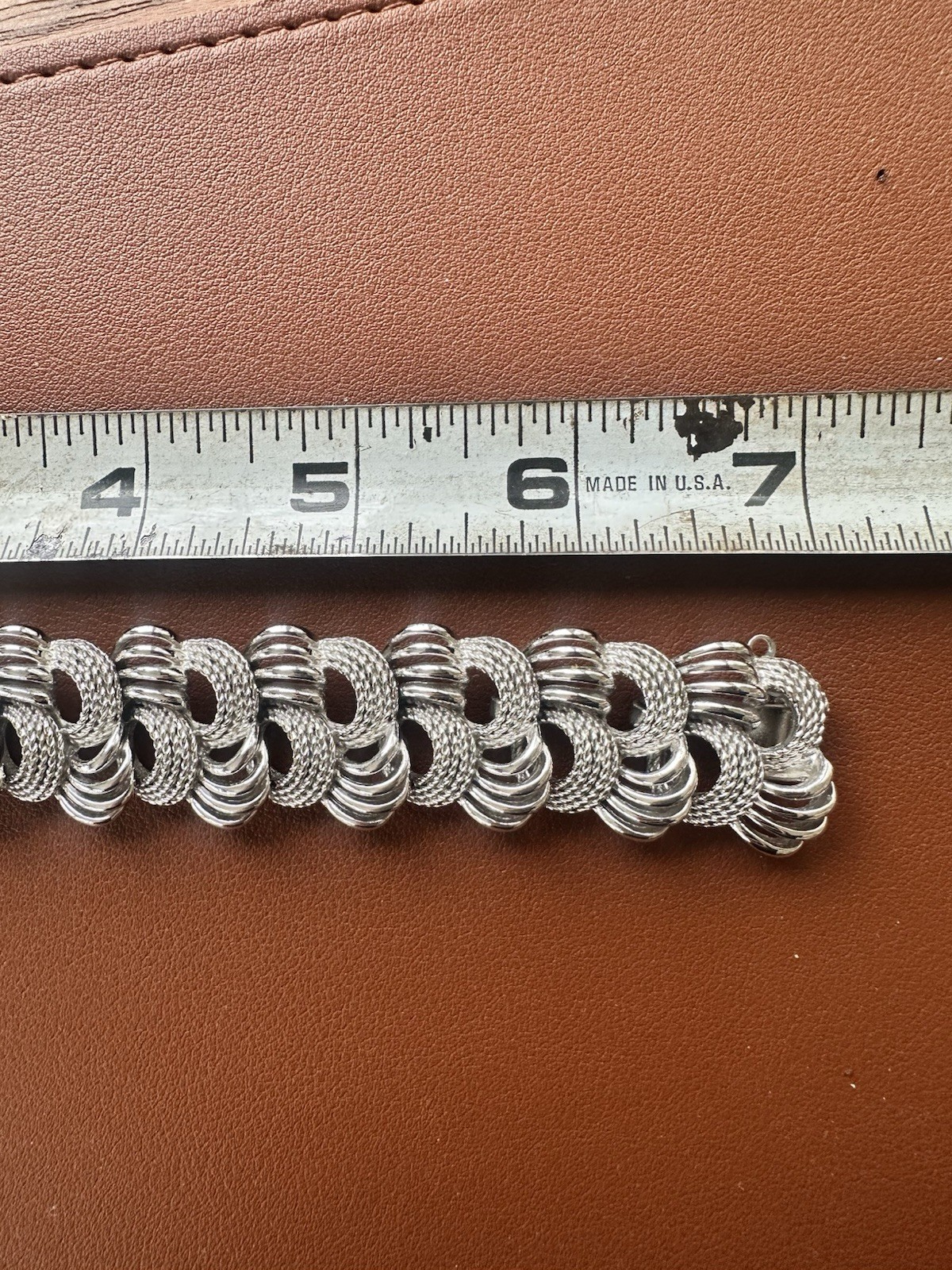 Vintage 60s Panel Link Bracelet Silver Tone Textured Rope Look 7”