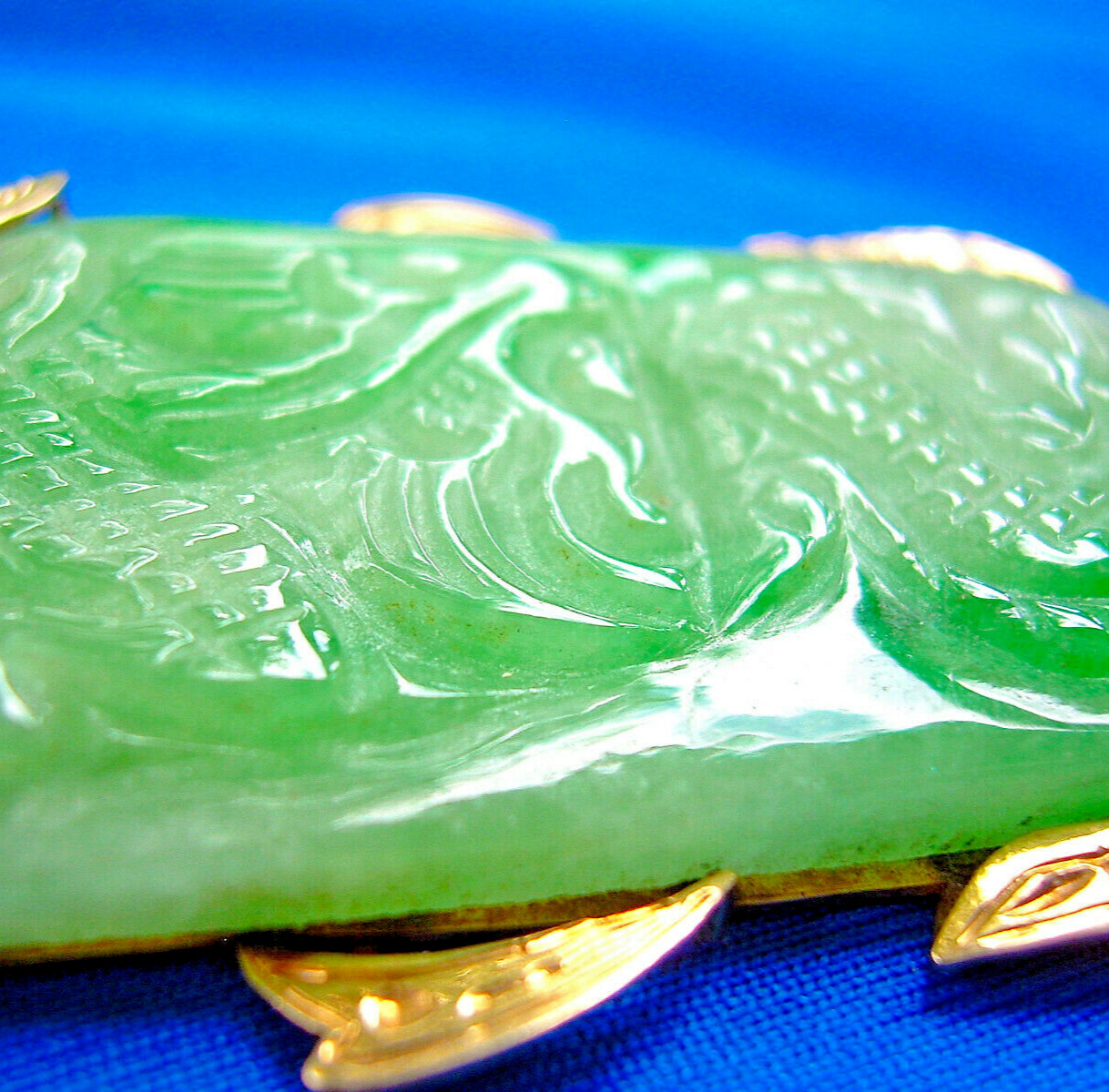 Original EARTH MINED Antique Green JADE DRAGON Pendant 14K GOLD Deco Luck Gift