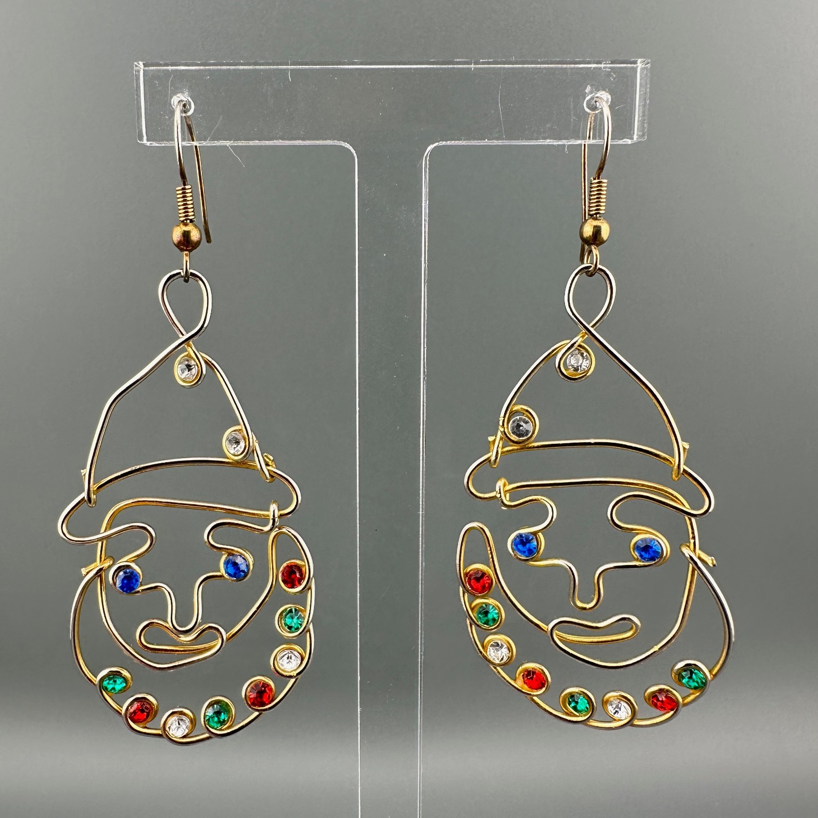 Vintage Clown Earrings Gold Tone Multicolor Rhinestone Artisan Open Wire Work