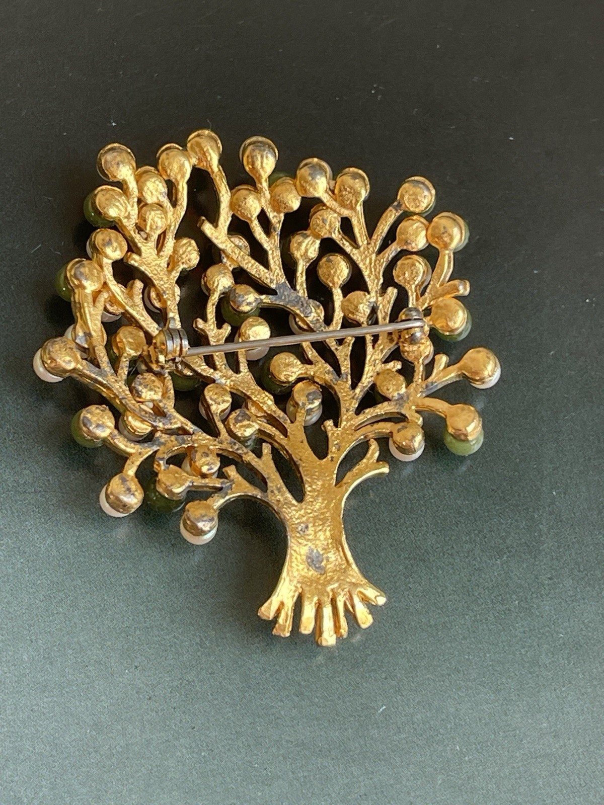 Vintage tree of life brooch green jade- like stone&pearl beads Swoboda style