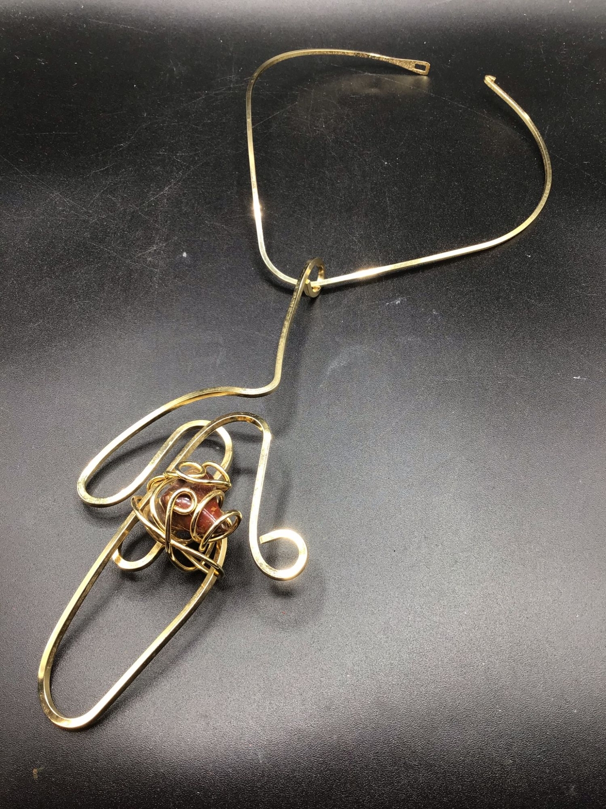 Vintage Brutalist Free Form Necklace Handcrafted Neck Wire with Stone Oversized