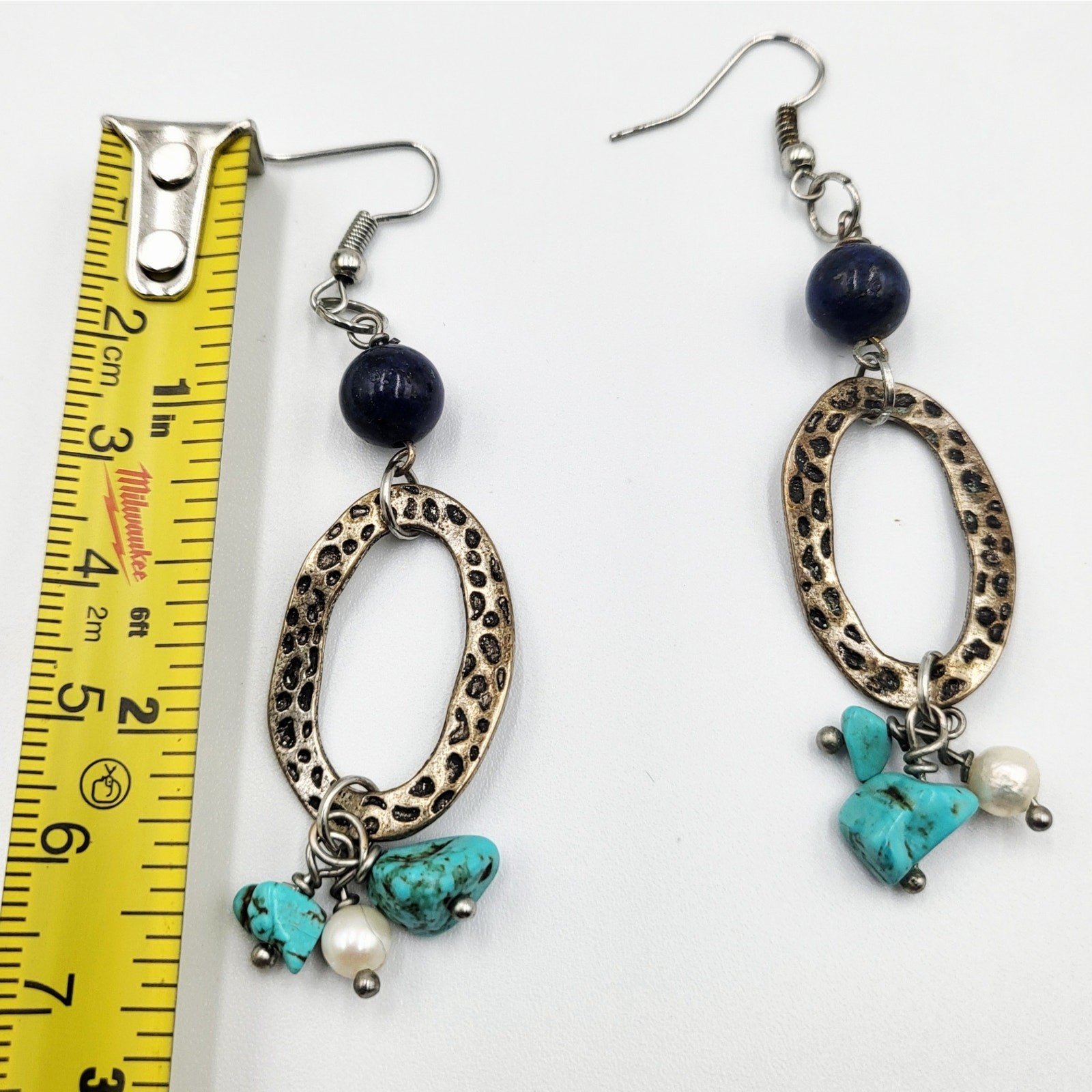 Vintage Antique Boho Silver Turquoise Pearl Beaded Stone Hammered Earrings Pair