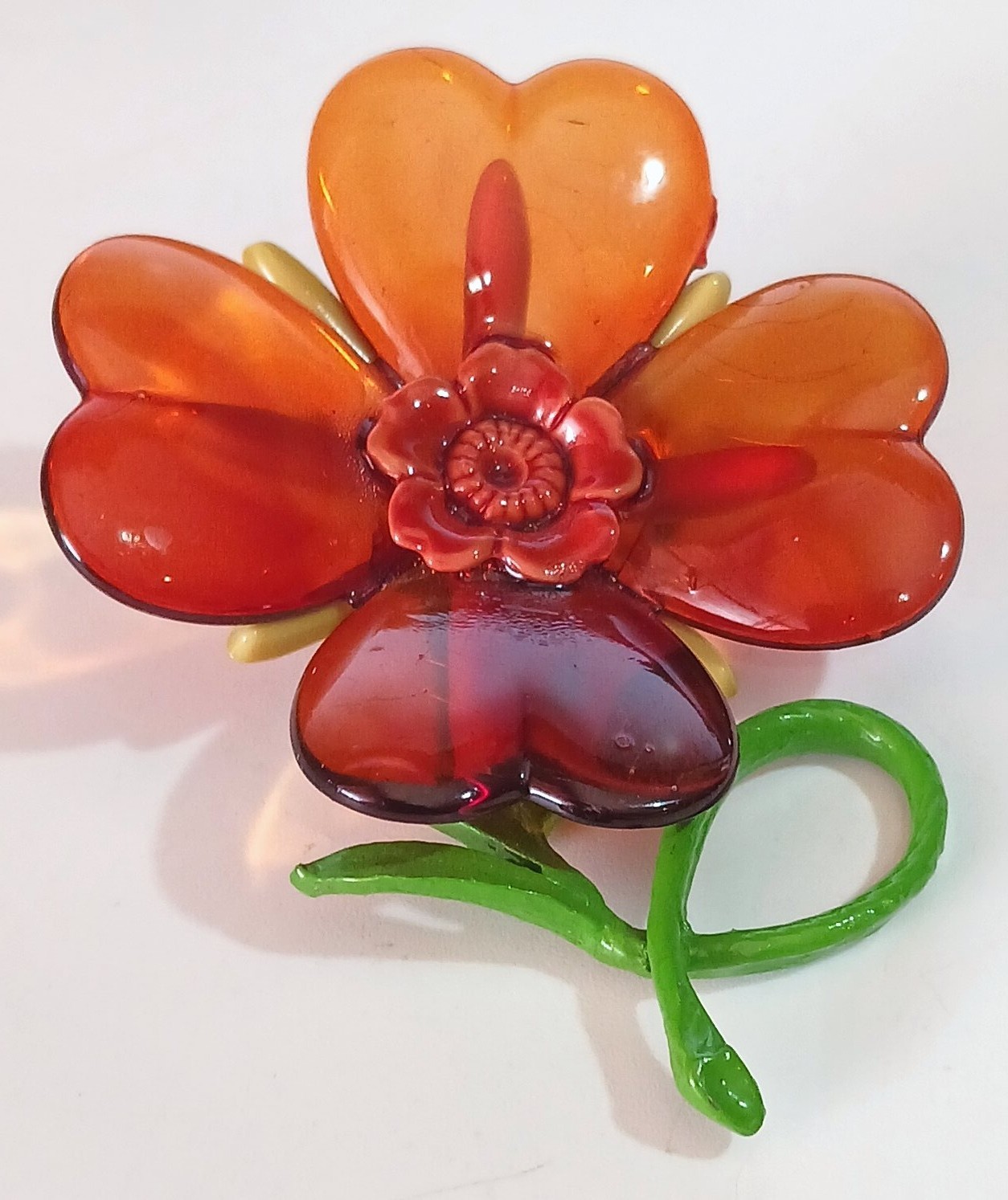 Vintage Orange, Yellow & Green Plastic (Cellulose Acetate?) Flower Brooch