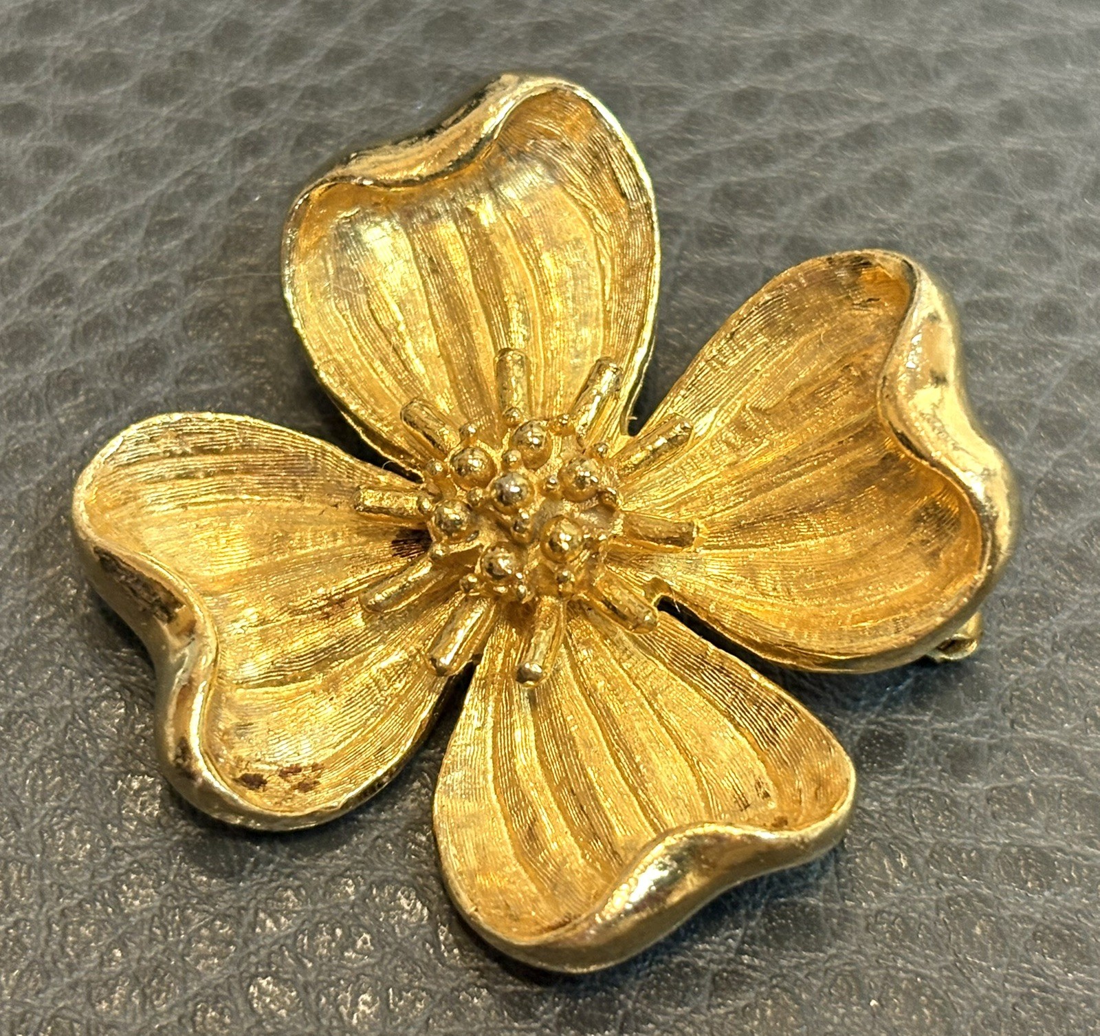 Vintage Jeanne Brushed Gold Tone Dogwood Flower Brooch Pin Designer Signed