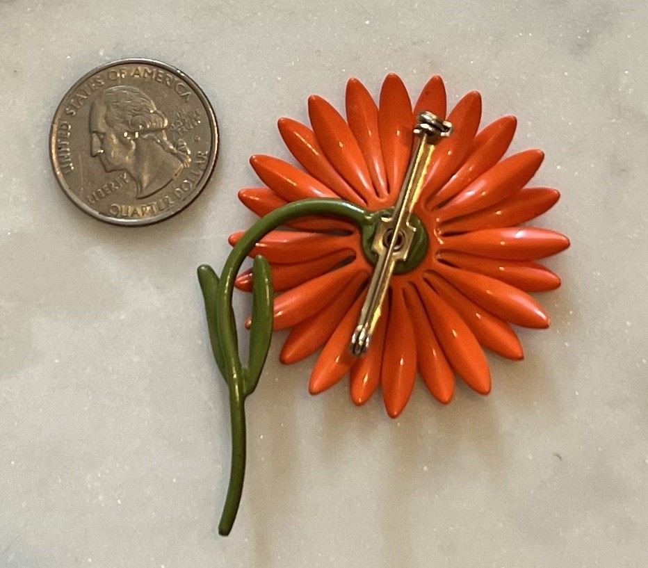 Vintage Bright Orange Enamel Flower Brooch