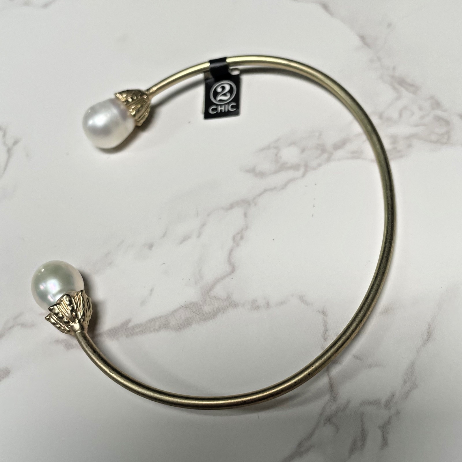 2 Chic Gold Tone Cuff Bracelet 2 Headed with Genuine Pearls NEW