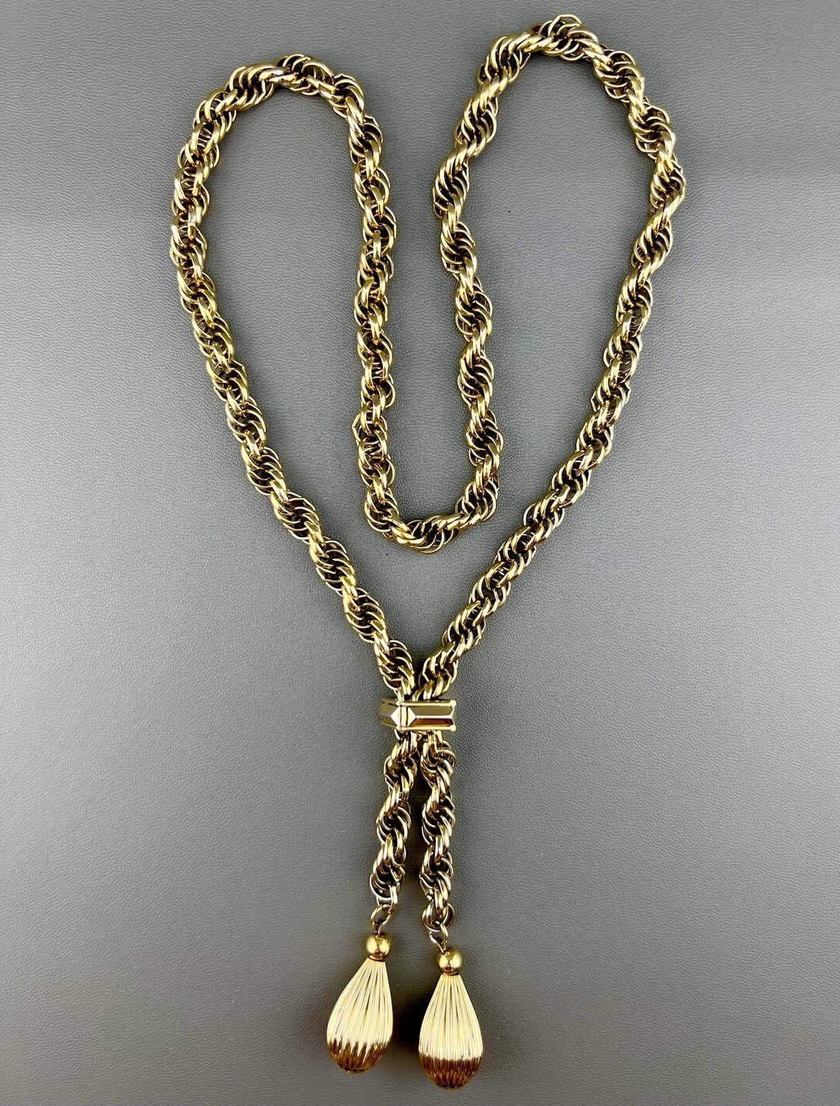 Vintage Bolo Necklace Chunky Rope Chain Tassel Drop Gold Tone 25”