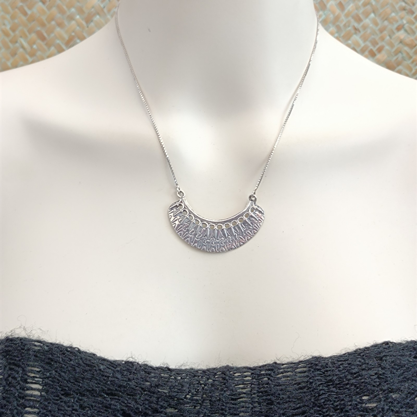 Vintage Sterling Silver Moon Crescent Necklace Ethnic Folk Inspired Engraved Bib