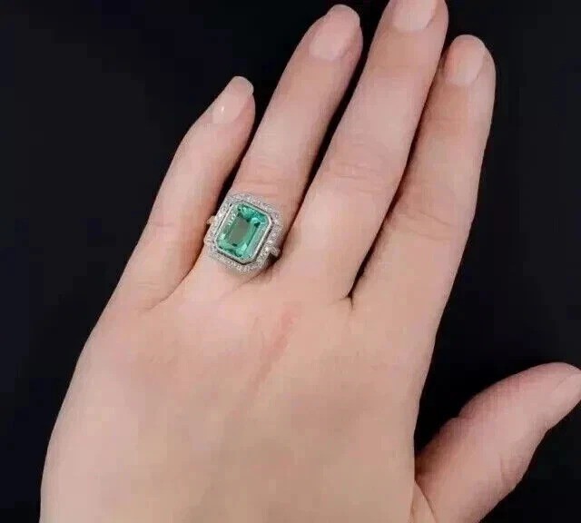 Vintage Art Deco Style 6.10Ct Lab Created Emerald & Diamond Wedding Silver Ring