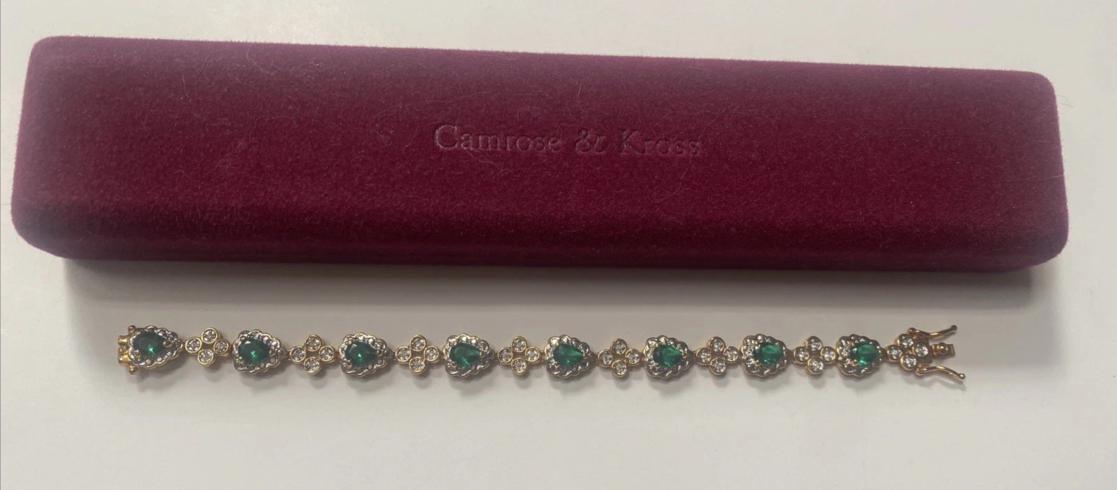 Camrose & Kross Jackie Kennedy Diamanté Emerald Crystal Gold Teardrop Bracelet