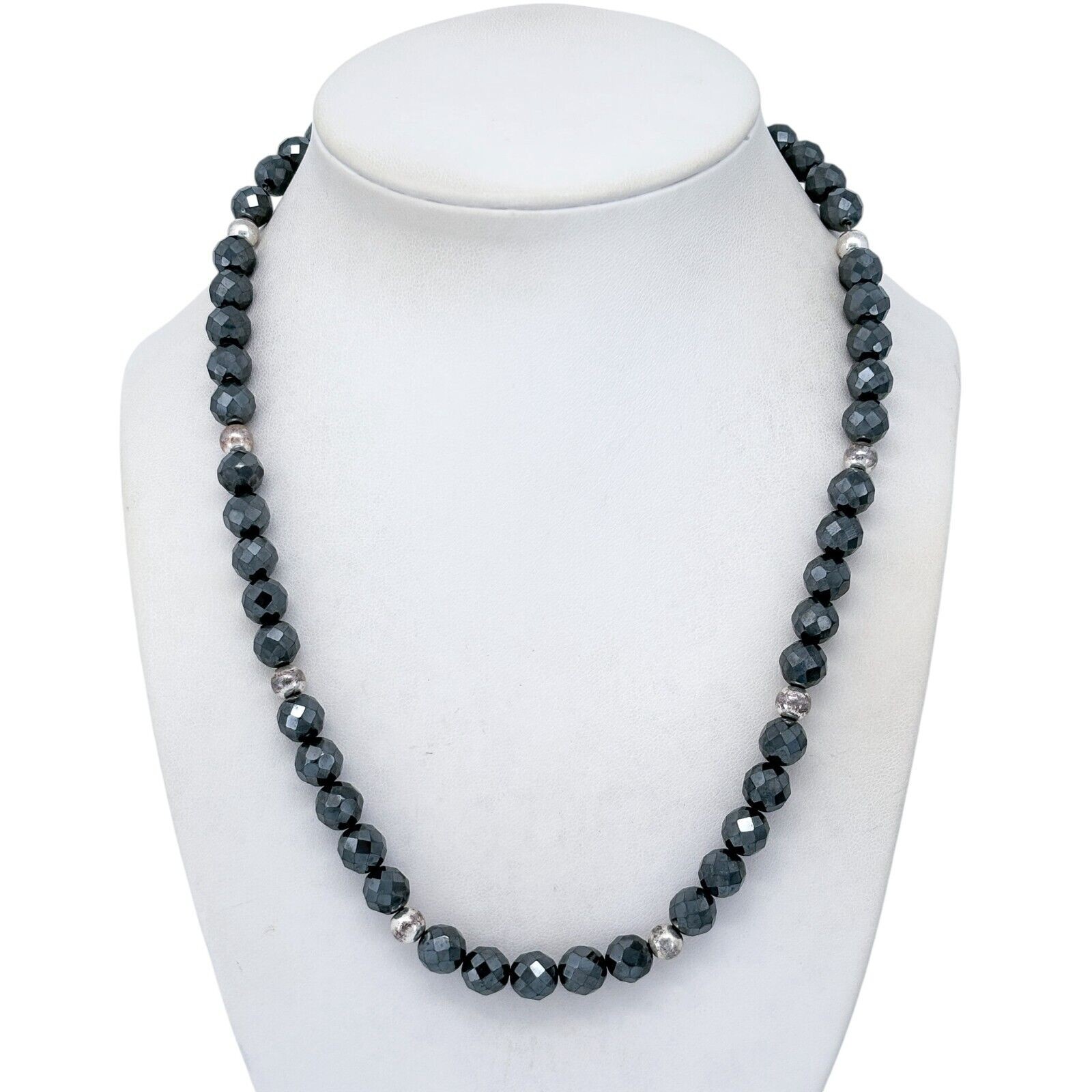 Vintage Hematite Sterling Silver 925 Beaded Necklace 16″-18.5″