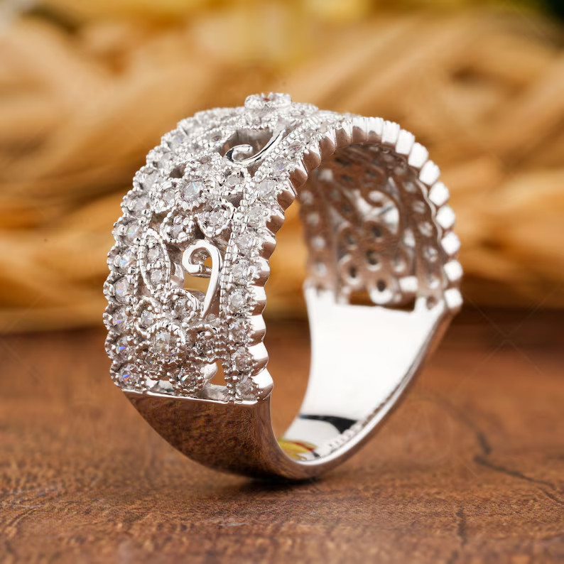 14K Gold Plated 925 Silver Moissanite Floral Band Engagement & Anniversary Ring