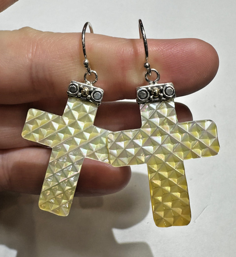 NEW Robert Manse 18k Gold Sterling Silver carved MOP Shell Cross Dangle Earrings