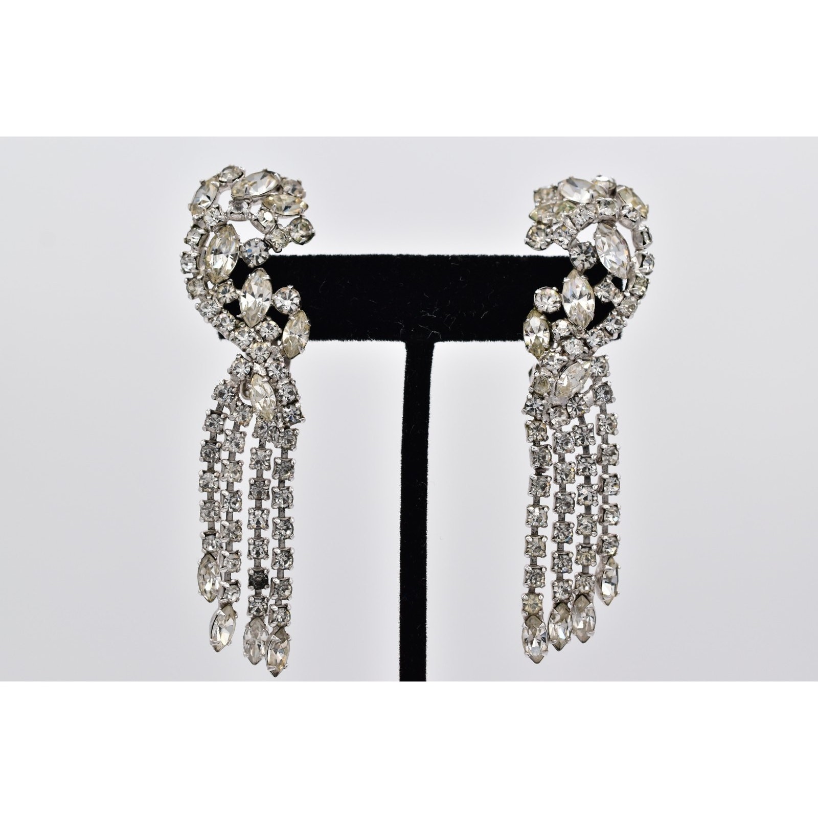 Vintage Crystal Climber Fringe Clip On Earrings Rhinestone Dangle Tassel BinAZ