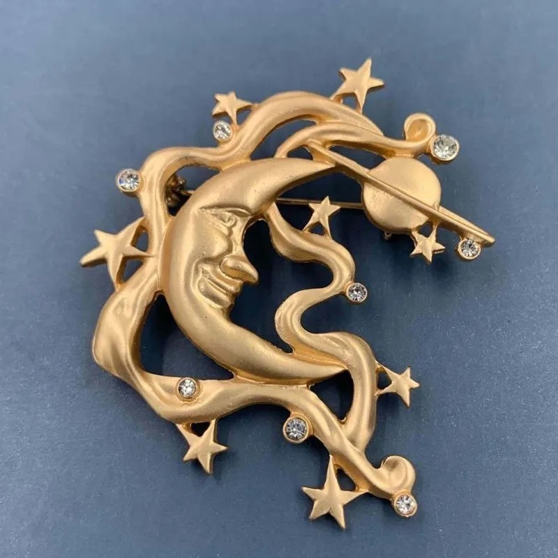 Vintage Art Nouveau Style Man in the Moon Stars Brooch Pin – UK Seller